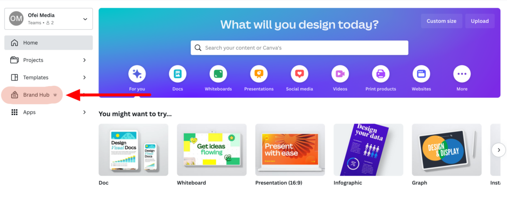 Screenshot showing where to find Brand Hub in Canva.